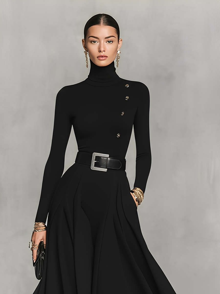 Mila | Black Turtleneck Gold Button Belt Waist Flared Maxi Dress