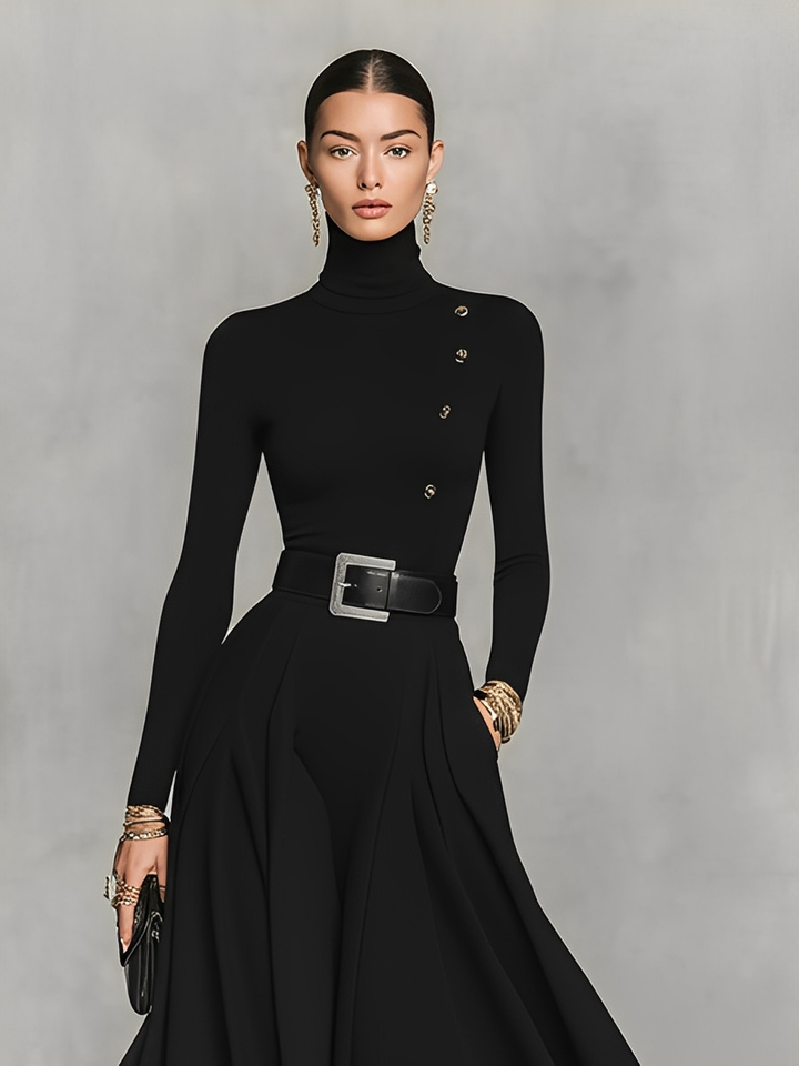 Mila | Black Turtleneck Gold Button Belt Waist Flared Maxi Dress
