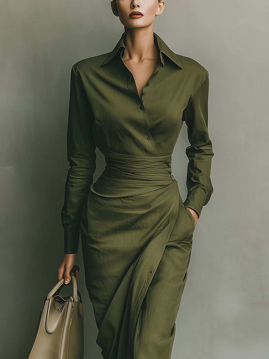 Ivy | Green Fitted Lapel Ruched Waist Maxi Dress