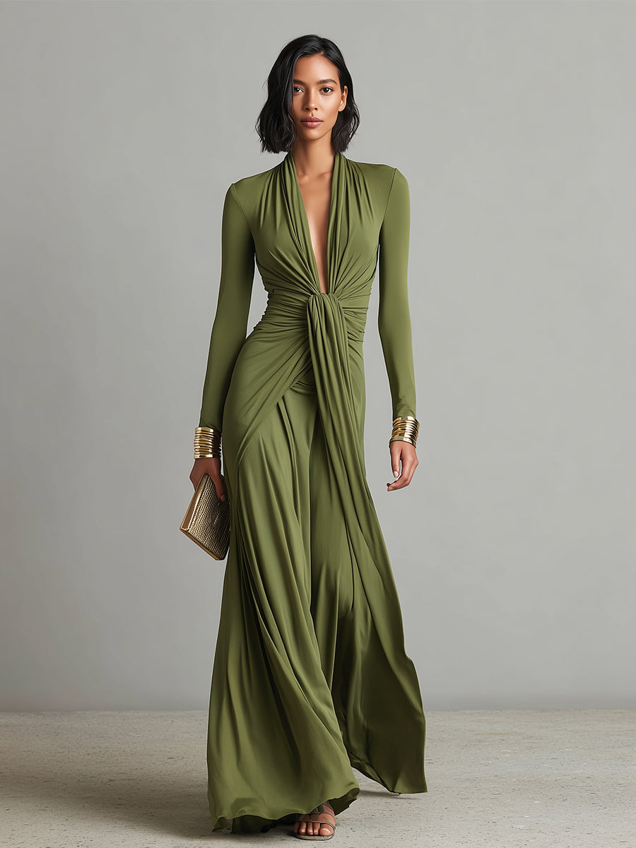 Delilah | Green Dress for Women with Deep V Neck Twist Knot Ruched Long Sleeve Formal Maxi Style