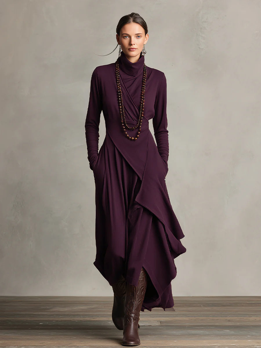 Celeste | Purple Dress for Women with Turtleneck Asymmetric Draped Maxi Style