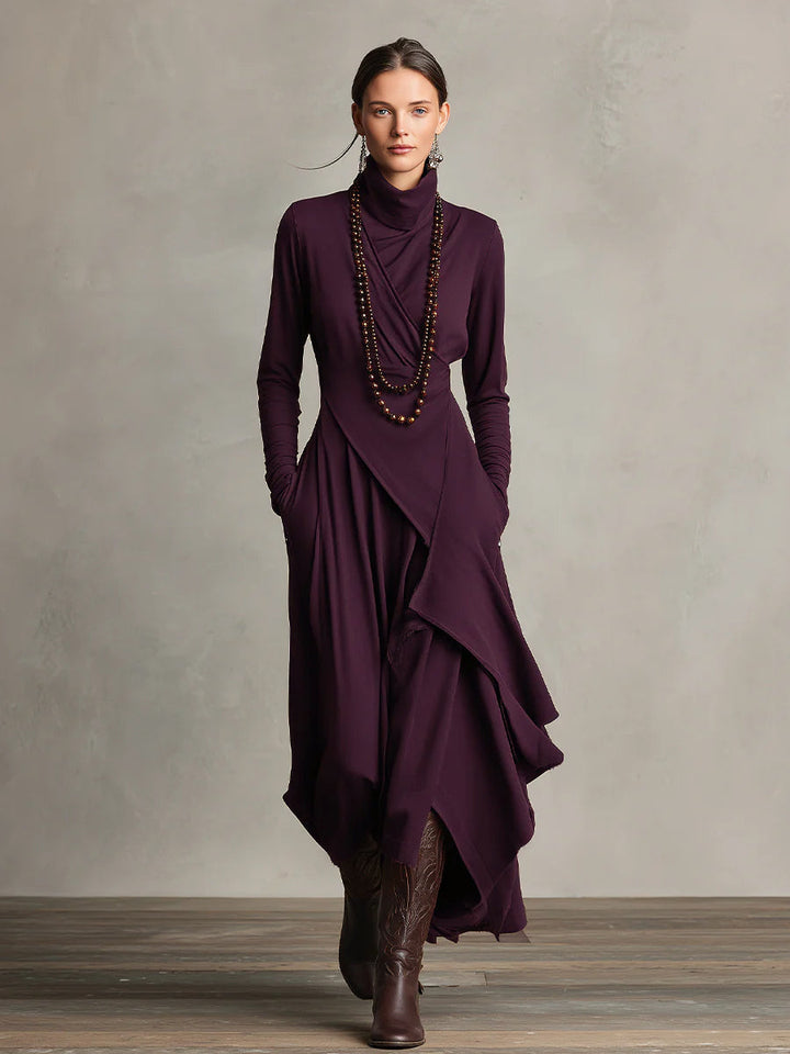 Celeste | Purple Dress for Women with Turtleneck Asymmetric Draped Maxi Style