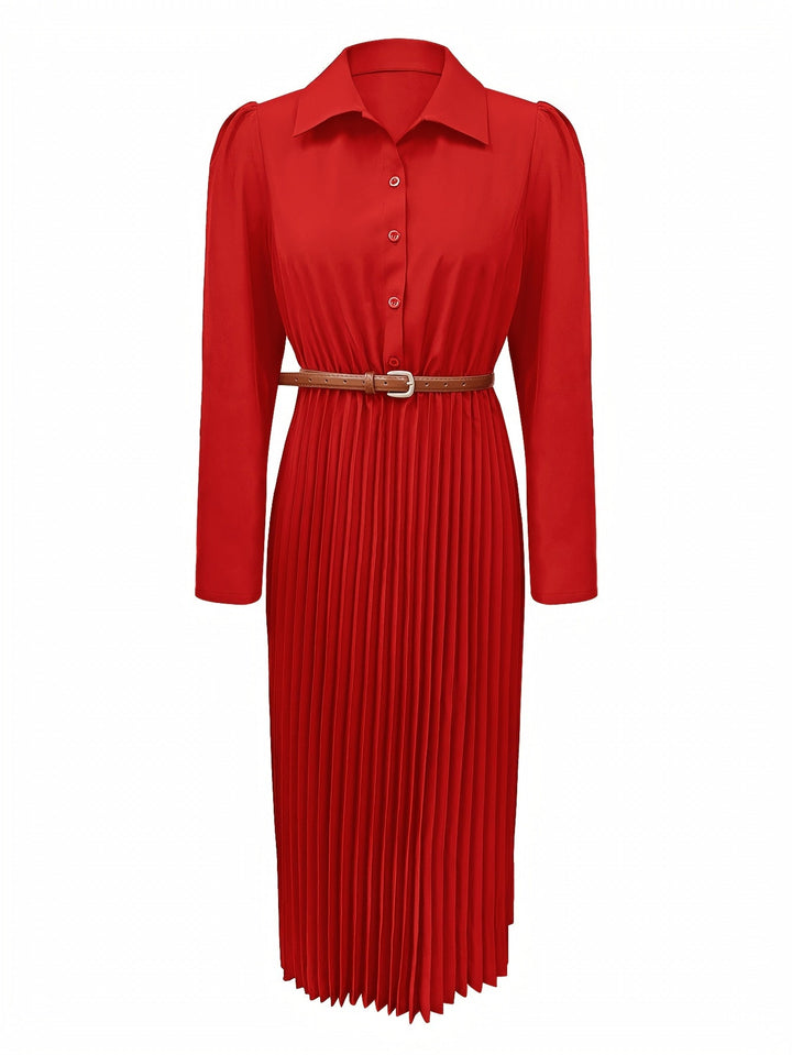 Elegant Pleated Shirt Dress for Women with Collar Long Sleeve Belted Flowing Style
