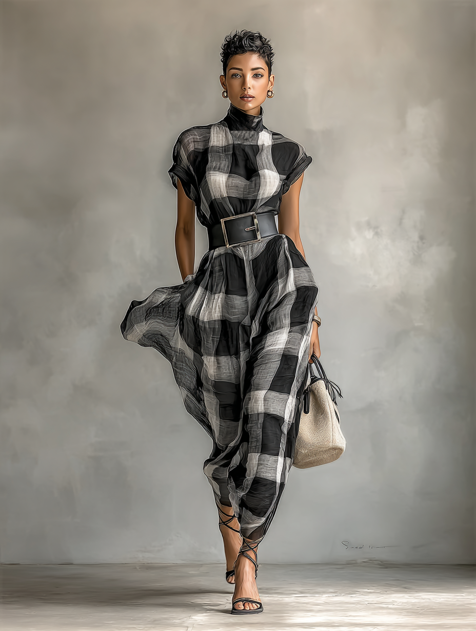 Tatum | Black Plaid Mock Neck Belt Waist Flared Maxi Dress