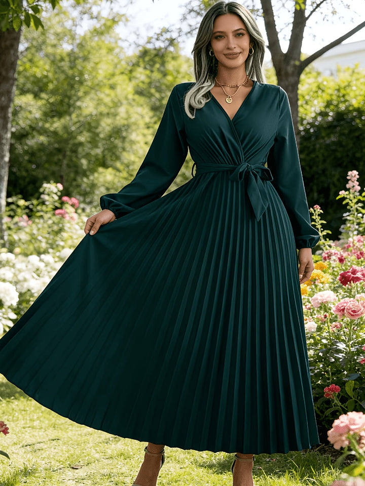 Elegant Pleated Wrap Maxi Dress for Women with V Neck Long Sleeve Belted Flowing Style
