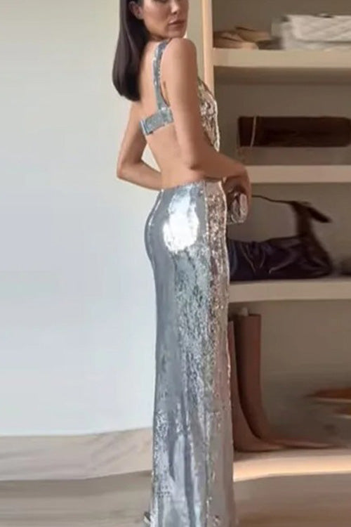 Elegant Sequin Maxi Dress for Women with Square Neck Sleeveless Cutout Bodycon Sparkle Formal Party Style