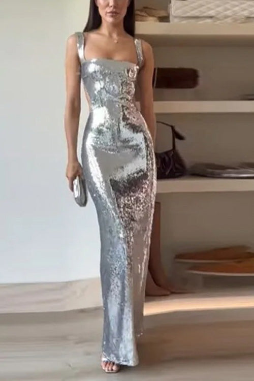 Elegant Sequin Maxi Dress for Women with Square Neck Sleeveless Cutout Bodycon Sparkle Formal Party Style
