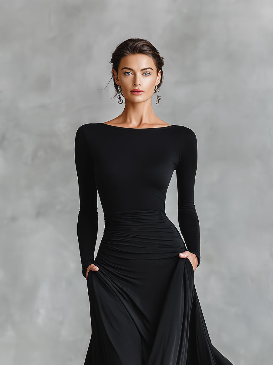Naomi | Black Dress for Women Boat Neck Ruched Waist Long Sleeve Formal Maxi Style