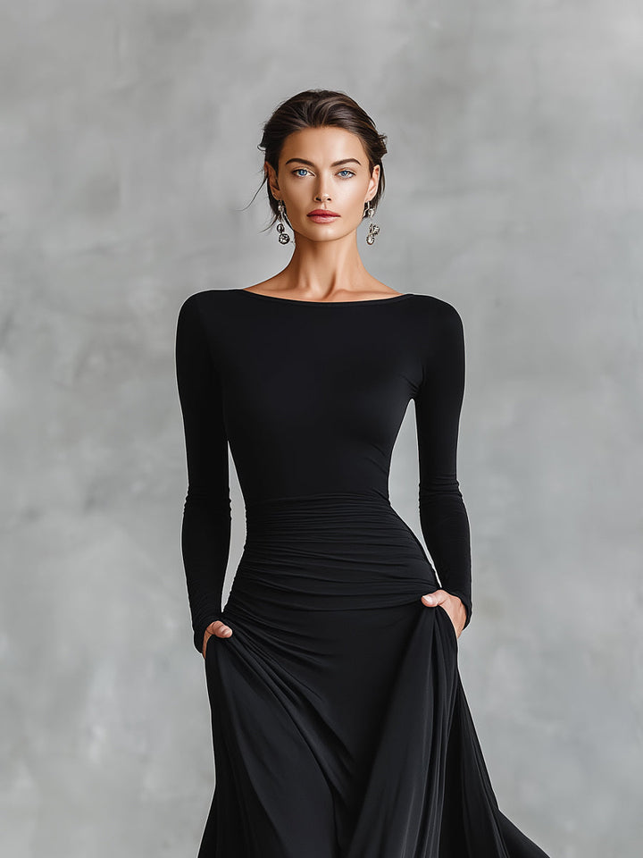 Naomi | Black Dress for Women Boat Neck Ruched Waist Long Sleeve Formal Maxi Style