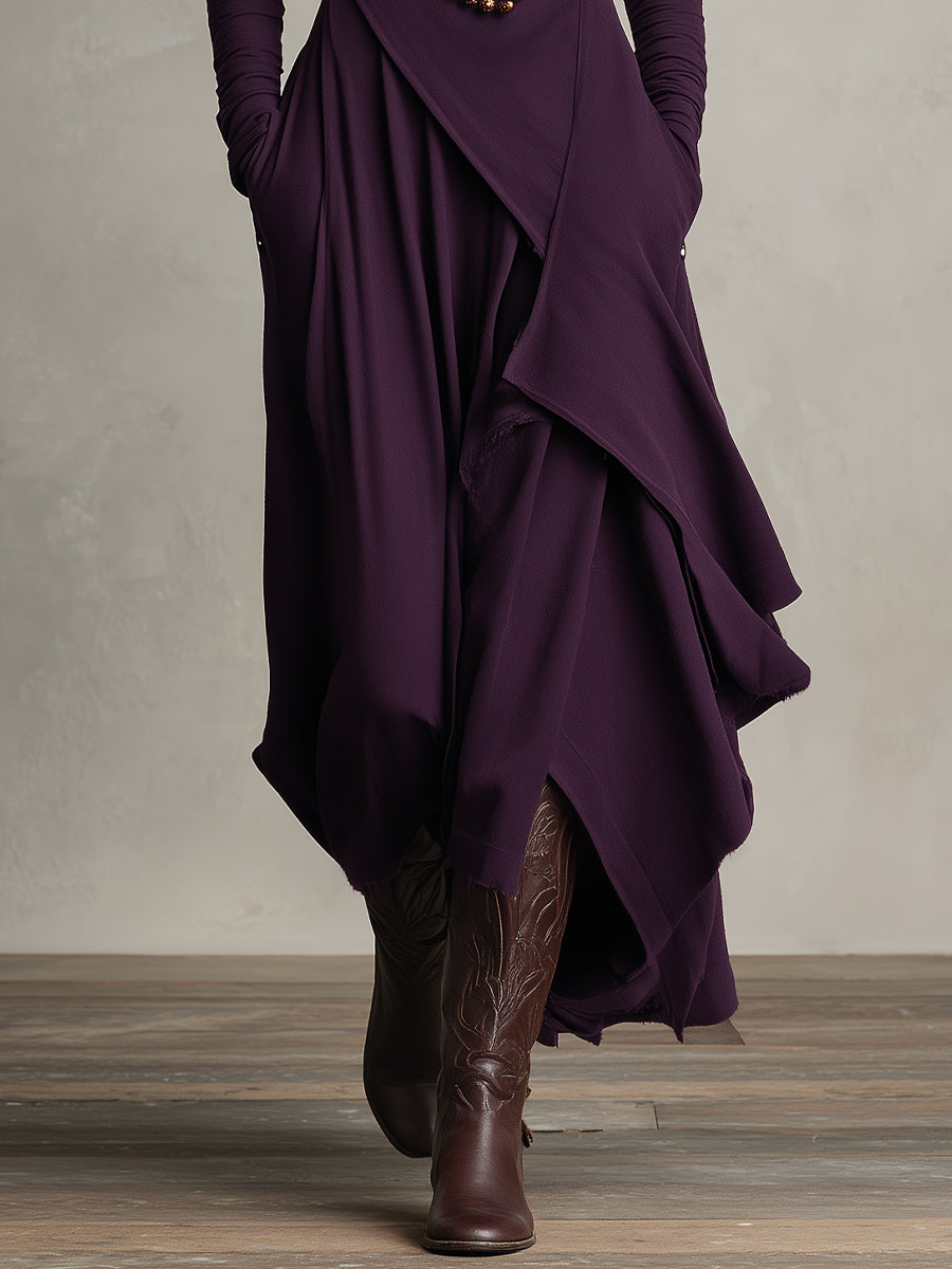 Celeste | Purple Dress for Women with Turtleneck Asymmetric Draped Maxi Style