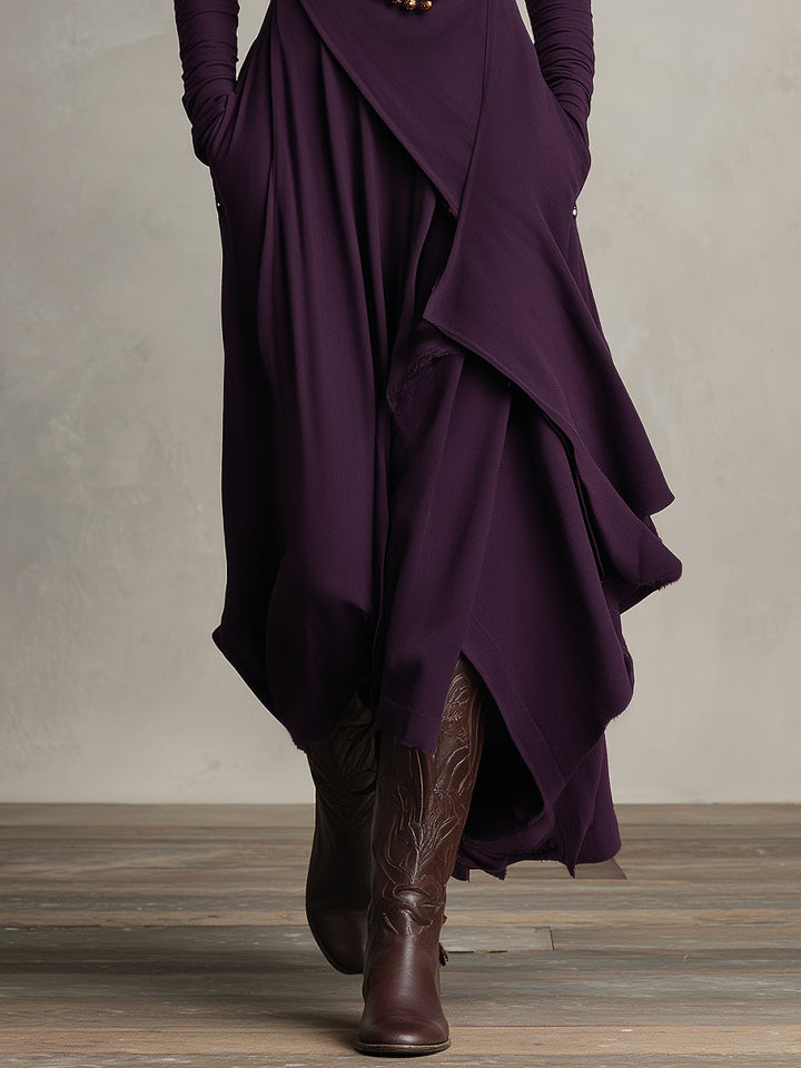 Celeste | Purple Dress for Women with Turtleneck Asymmetric Draped Maxi Style