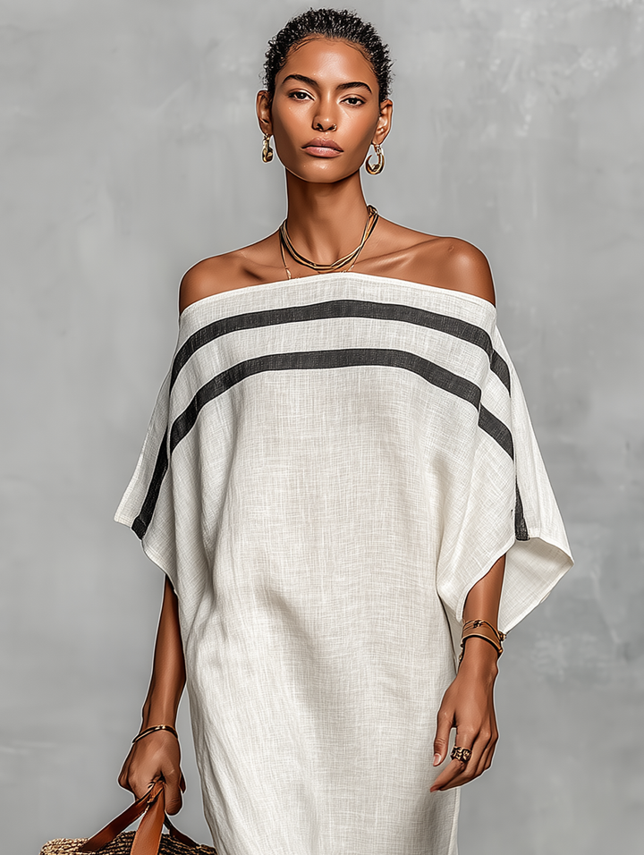Kendall | Striped Off Shoulder Batwing Sleeve Linen Maxi Dress for Women