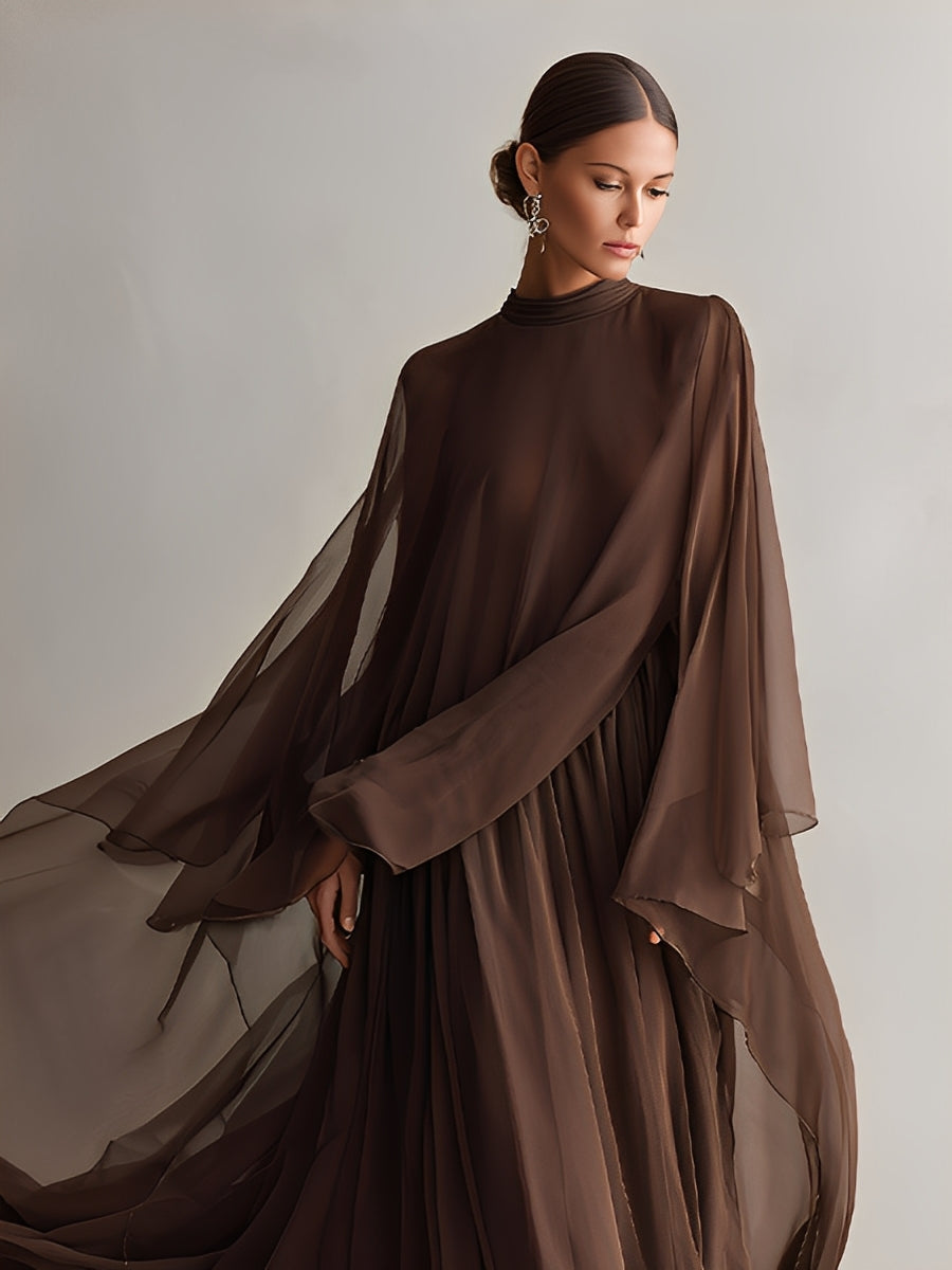 Aria | Brown Chiffon Turtleneck Cape Sleeve Flowing Formal Maxi Dress