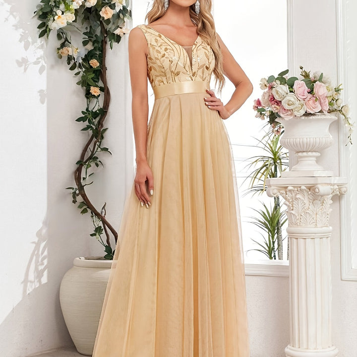 Elegant Embroidered Sequin Maxi Dress for Women with V Neck Sleeveless A Line Formal Wedding Guest Style