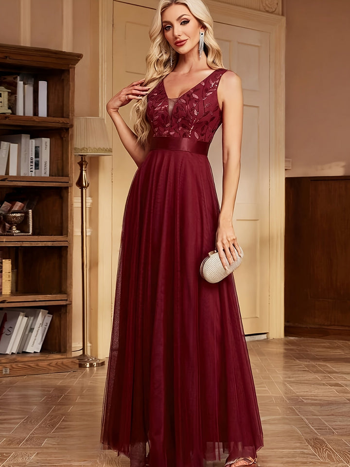 Elegant Embroidered Sequin Maxi Dress for Women with V Neck Sleeveless A Line Formal Wedding Guest Style