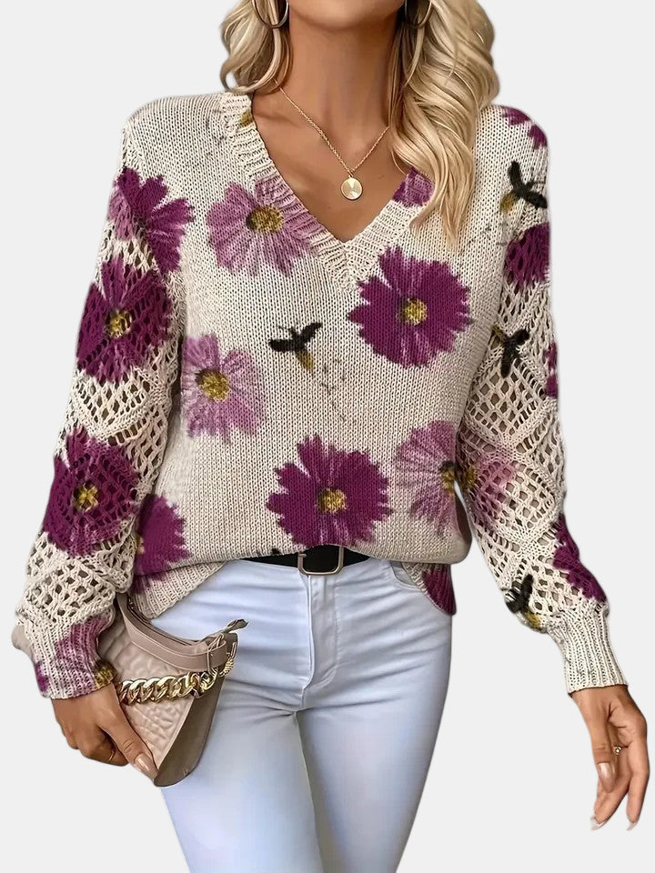 Comfortable Floral Crochet Sweater for Women with V Neck Long Sleeve Oversized Knit Style