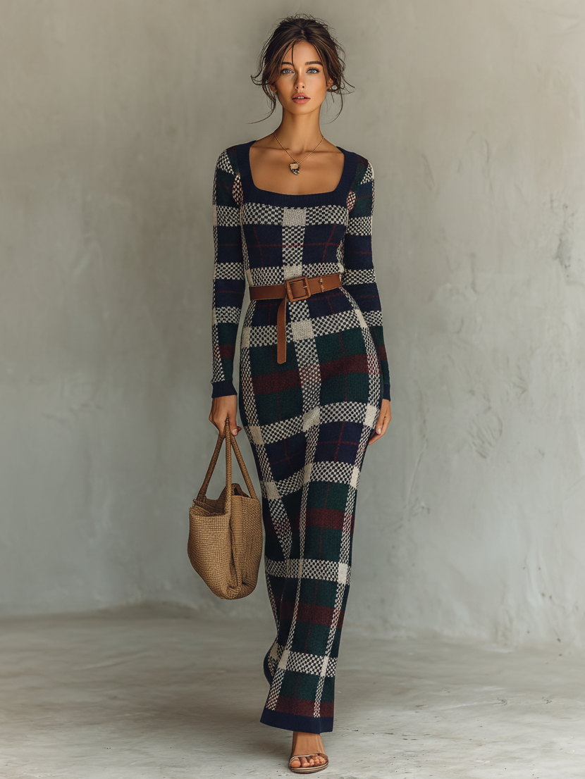 Dana | Plaid Knit Square Neck Belt Waist Fitted Maxi Dress
