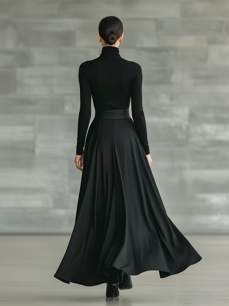 Vera | Black Turtleneck Bow Waist Satin Flared Maxi Dress