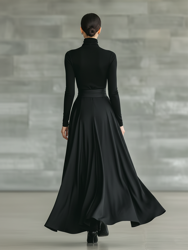 Vera | Black Turtleneck Bow Waist Satin Flared Maxi Dress