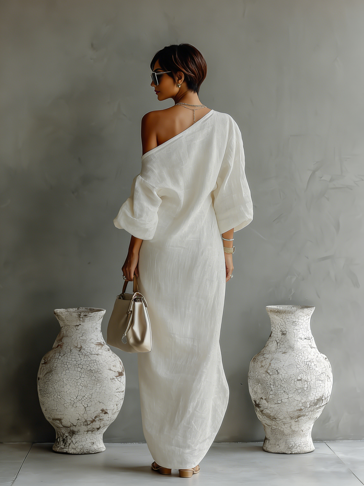 Sophia | White Linen One Shoulder Maxi Dress for Women
