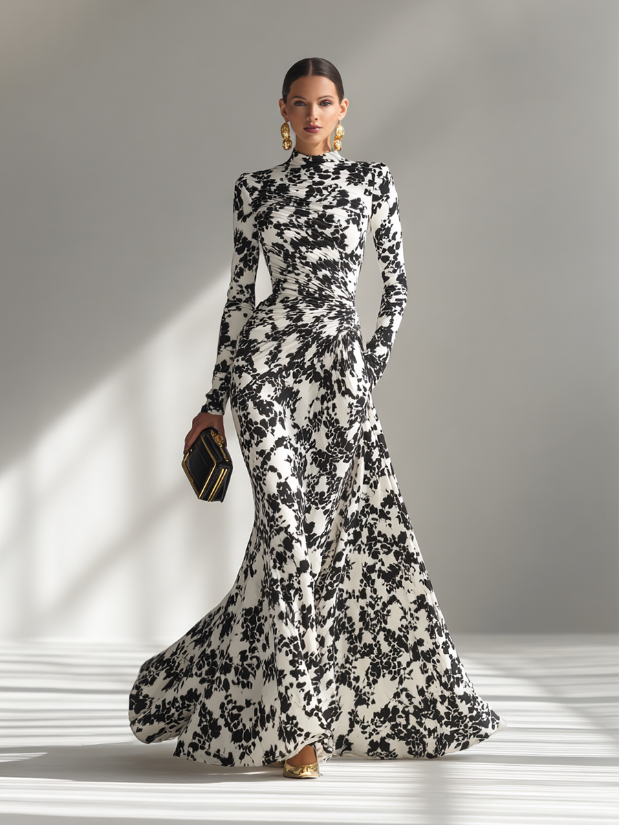 Vivienne | Floral Print Ruched Turtleneck Maxi Dress for Women