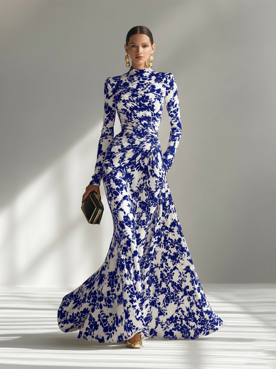 Vivienne | Floral Print Ruched Turtleneck Maxi Dress for Women