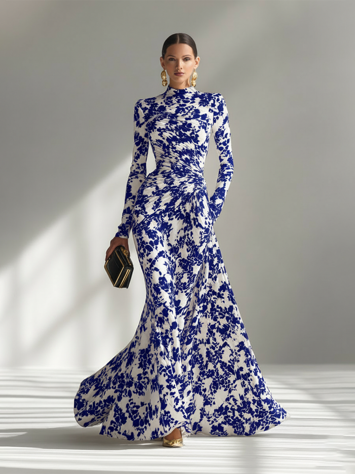 Vivienne | Floral Print Ruched Turtleneck Maxi Dress for Women