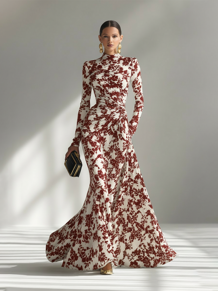 Vivienne | Floral Print Ruched Turtleneck Maxi Dress for Women