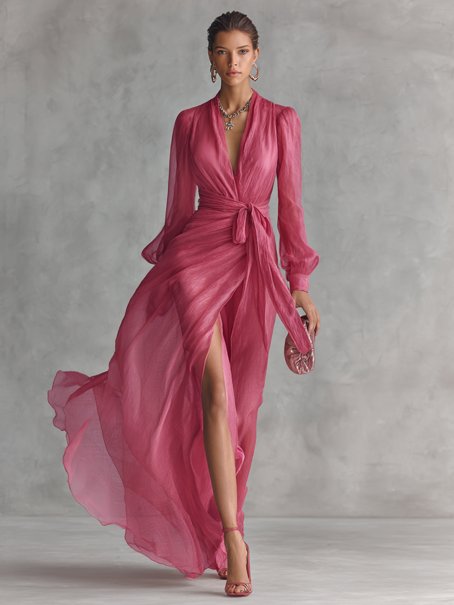 Gabrielle | Pink Dresses for Women with V Neck Tie Waist Chiffon Maxi Style
