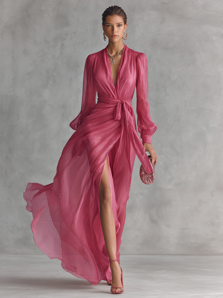Gabrielle | Pink Dresses for Women with V Neck Tie Waist Chiffon Maxi Style