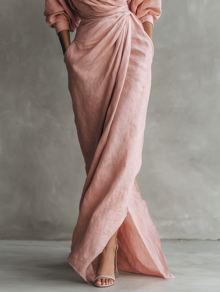 Victoria | Linen Wrap V Neck Twist Waist Midi Dress for Women