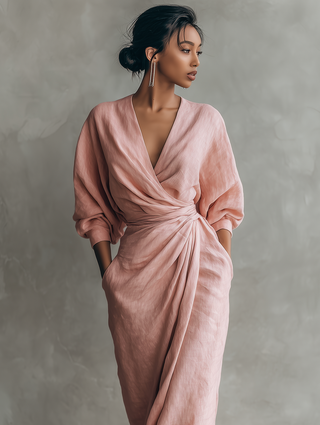 Victoria | Linen Wrap V Neck Twist Waist Midi Dress for Women