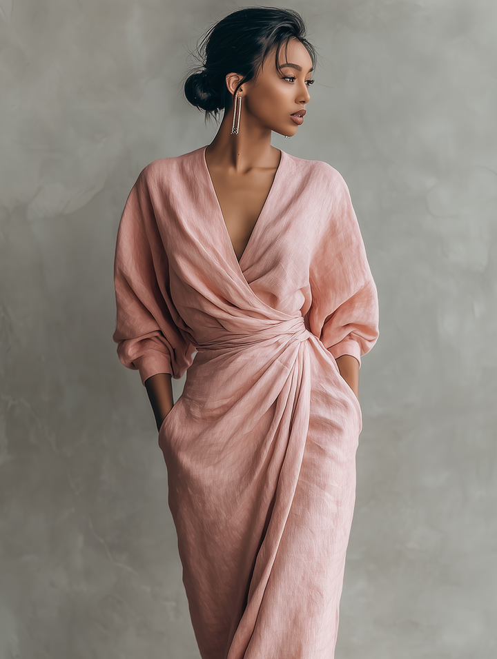 Victoria | Linen Wrap V Neck Twist Waist Midi Dress for Women