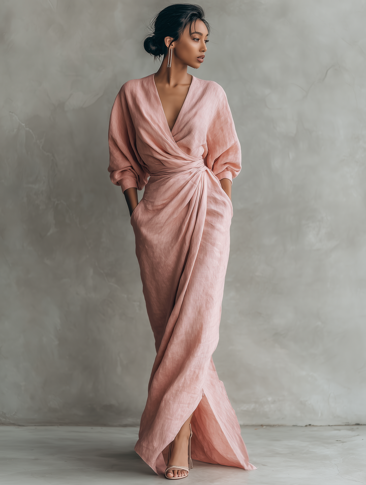 Victoria | Linen Wrap V Neck Twist Waist Midi Dress for Women