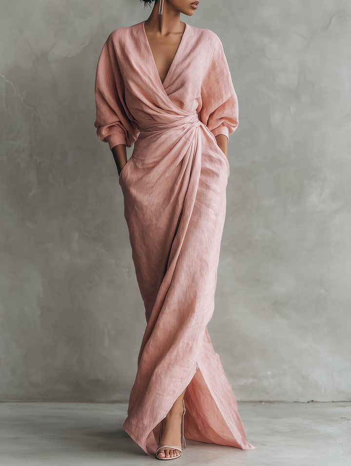 Victoria | Linen Wrap V Neck Twist Waist Midi Dress for Women