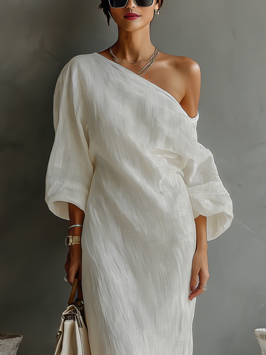 Sophia | White Linen One Shoulder Maxi Dress for Women