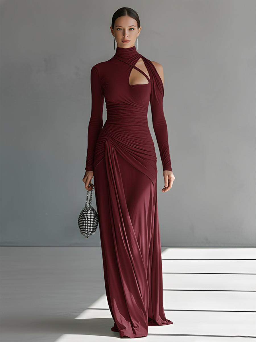 Sienna | Turtleneck Cutout Ruched Long Sleeve Fitted Formal Maxi Dress for Women