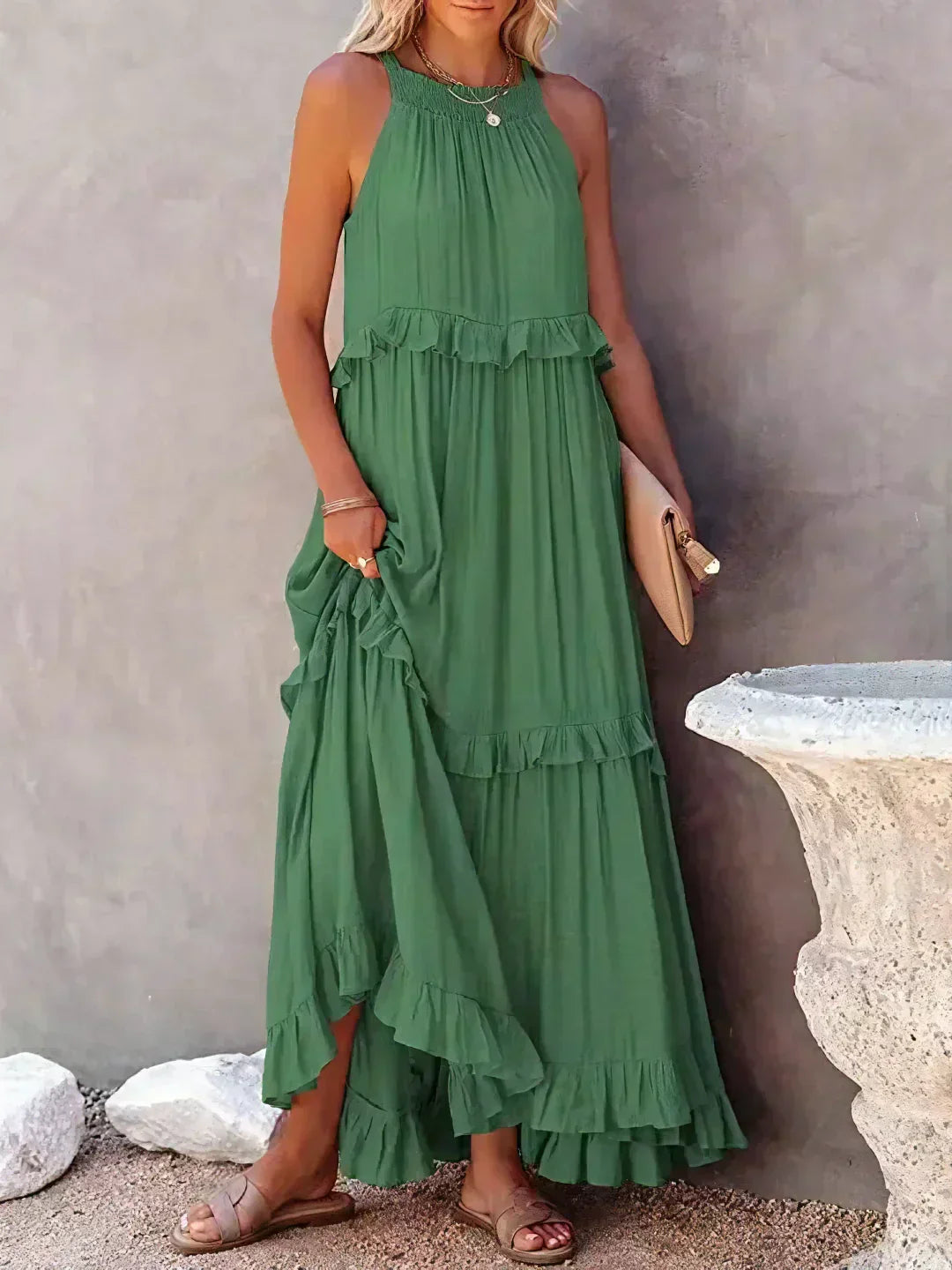 Elegant Tiered Chiffon Maxi Cocktail Dress for Women with Halter Neckline Ruffle Layers Flowing Skirt
