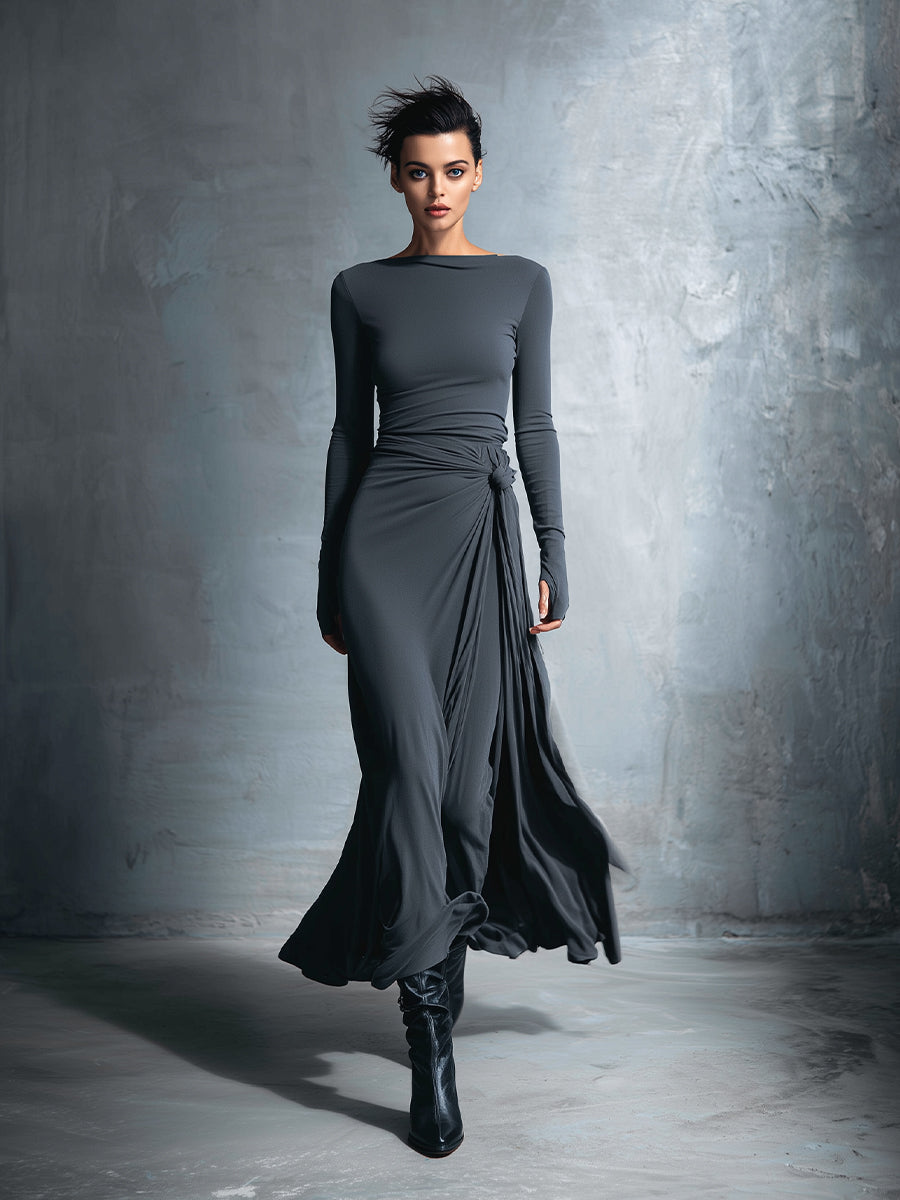 Audrey | Long Sleeve Twist Knot Wrap Fitted Maxi Dress for Women