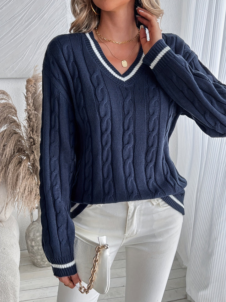 Women's Contrast Trim V Neck Long Sleeve Cable Knit Sweater