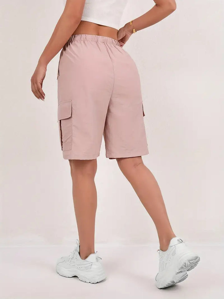 Effortless Pink Cargo Shorts for Women with High Waist Drawstring Flap Pocket Relaxed Style