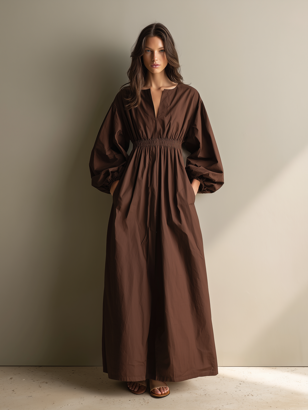 Autumn | Brown V Neck Puff Sleeve Elastic Waist Casual Maxi Dress