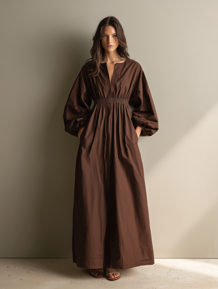 Autumn | Brown V Neck Puff Sleeve Elastic Waist Casual Maxi Dress