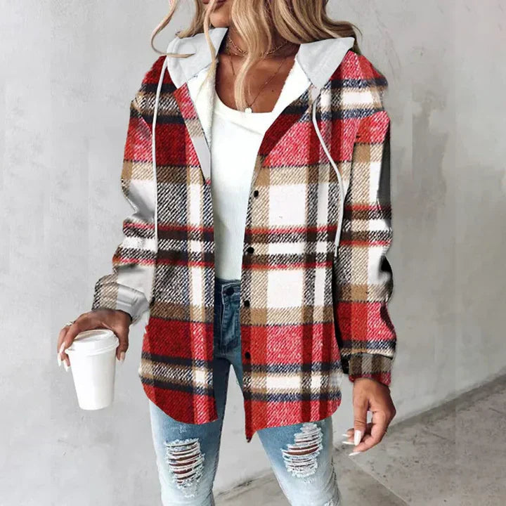 Effortless Plaid Flannel Shacket for Women with Hooded Long Sleeve Button Front Chest Pocket Oversized Style
