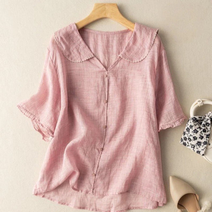 Effortless Linen Blouse for Women with Peter Pan Collar Short Sleeve Button Front Casual Style