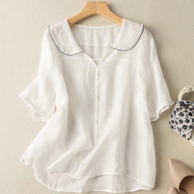 Effortless Linen Blouse for Women with Peter Pan Collar Short Sleeve Button Front Casual Style