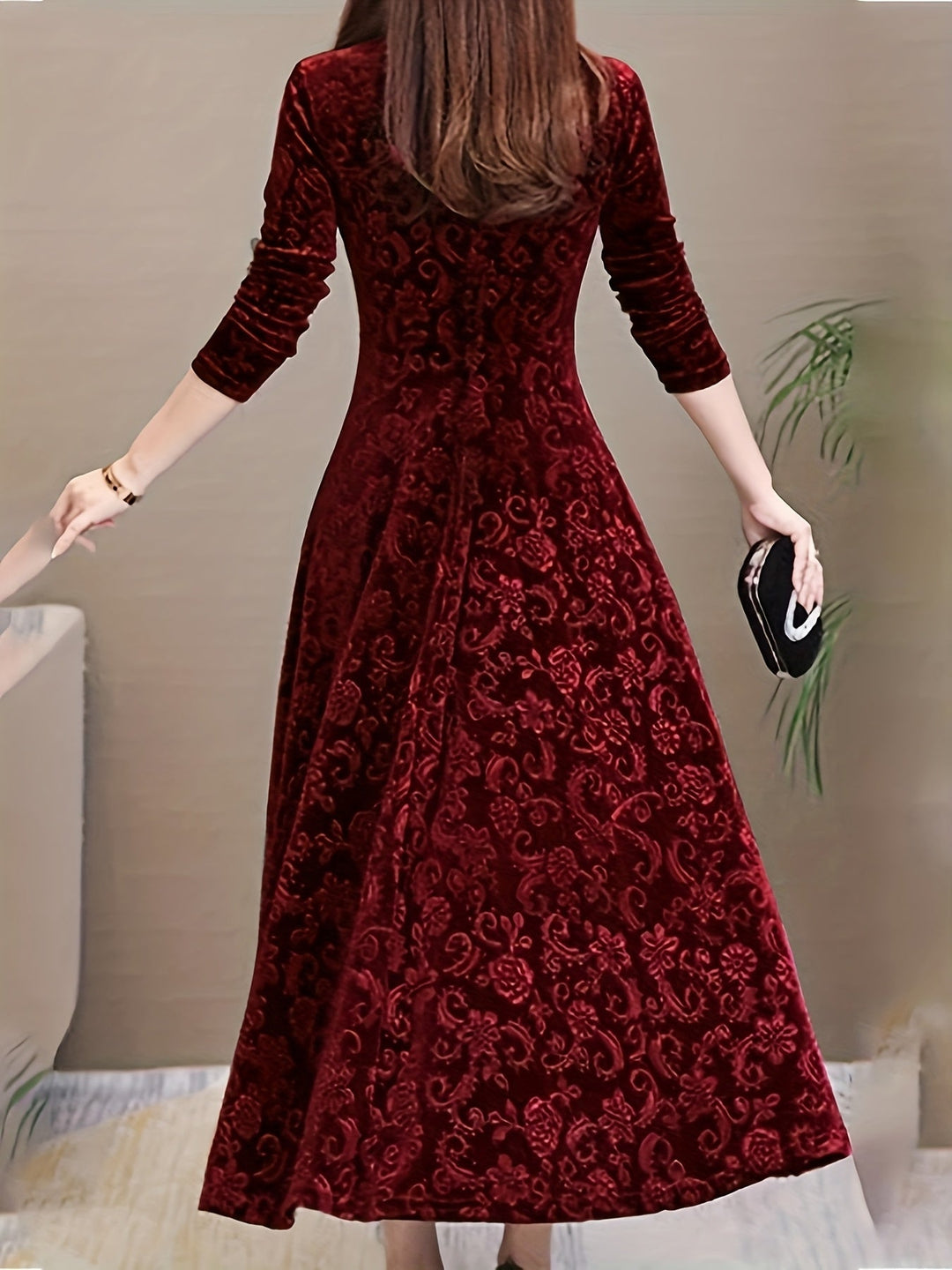 Elegant Velvet Floral Maxi Dress for Women with V Neck Long Sleeve A Line Flowing Formal Style