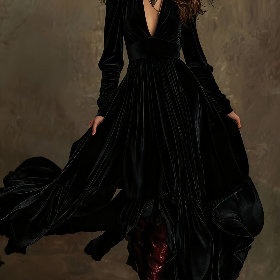 Elegant Velvet Maxi Dress for Women with Plunging V Neck Long Sleeve Tiered Ruffle Flowing Style