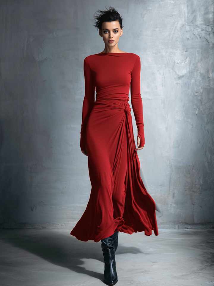 Audrey | Long Sleeve Twist Knot Wrap Fitted Maxi Dress for Women