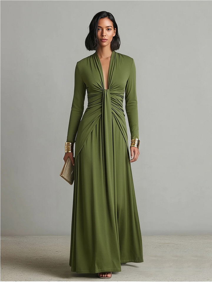 Delilah | Green Dress for Women with Deep V Neck Twist Knot Ruched Long Sleeve Formal Maxi Style